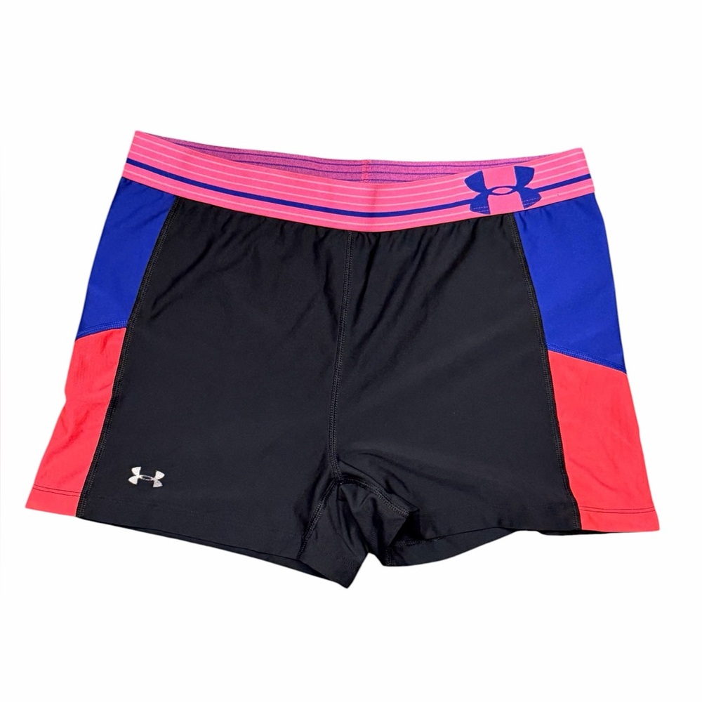 Under Armour Colorblock Athletic Gym Shorts Pink Blue Black 3” Inseam Medium - Picture 2 of 5